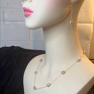 Multi Color Pink Pearl Station Necklace & Dangle Earrings 14kyg/SS